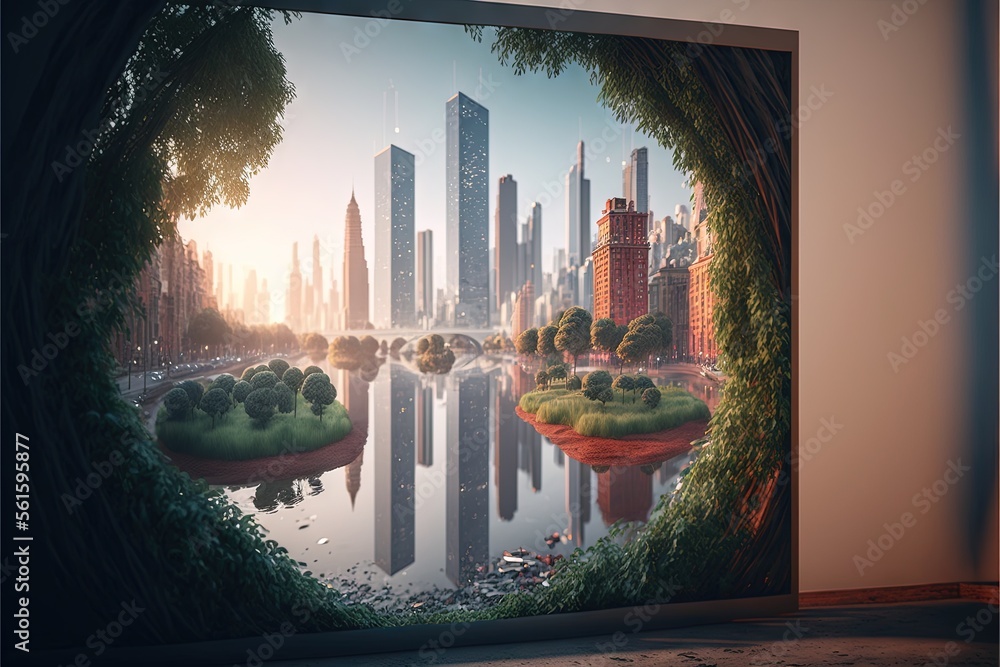 Poster a painting of a city with a lake and trees in the foreground and a city in the background with a ref