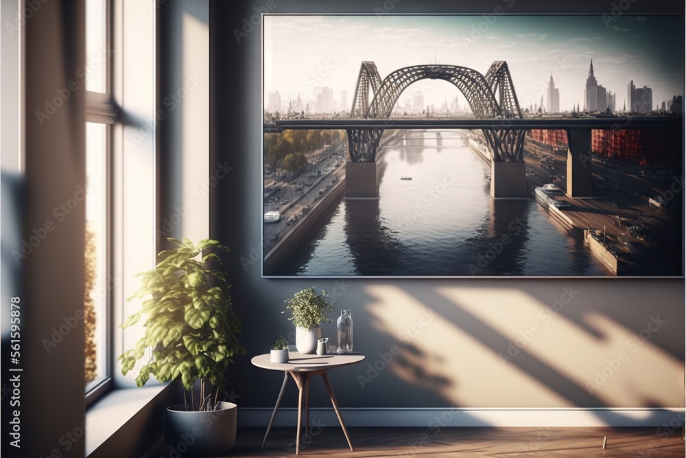 Poster a picture of a bridge over a river in a room with a table and a potted plant in front of it on a sun
