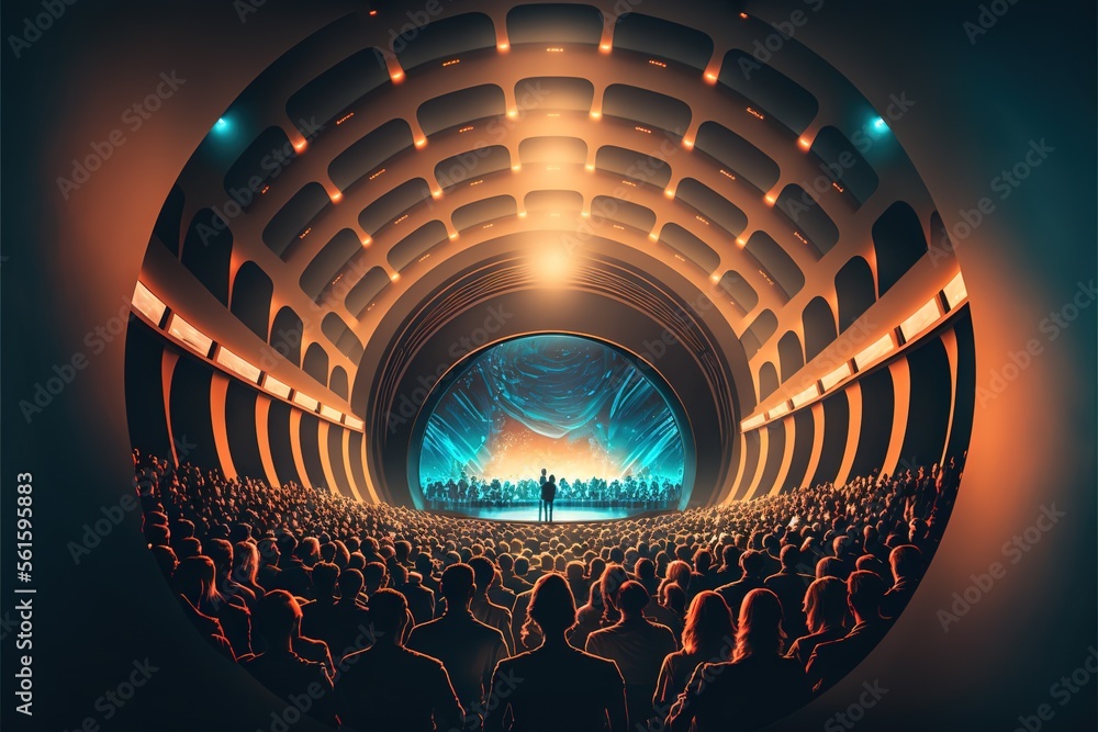 Poster a large crowd of people in a large auditorium with a stage in the middle of the room and a large cir