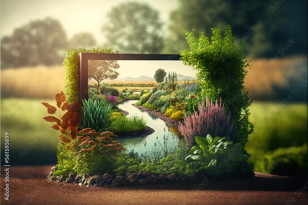 Poster a picture frame with a picture of a garden and a river in it, on a table with a green grass and flow