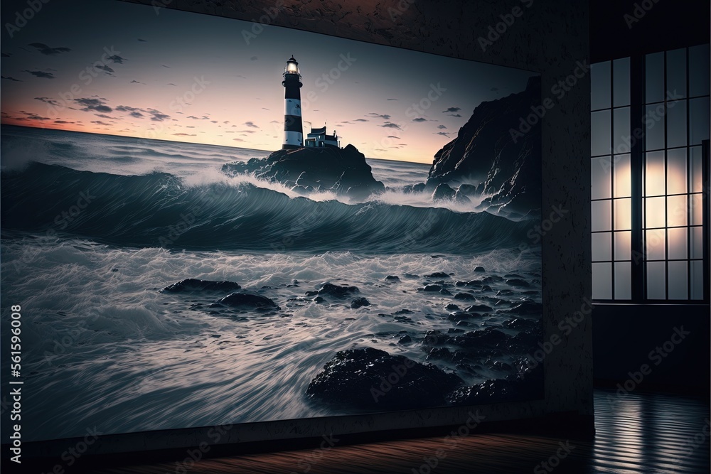 Aufkleber a lighthouse on a rock in the ocean with a window in the background and a painting of waves in the f