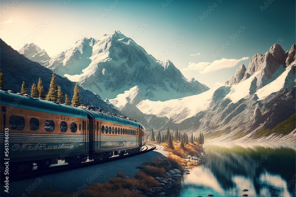 Poster a train traveling through a mountainous area next to a lake and mountains with snow on them and a re
