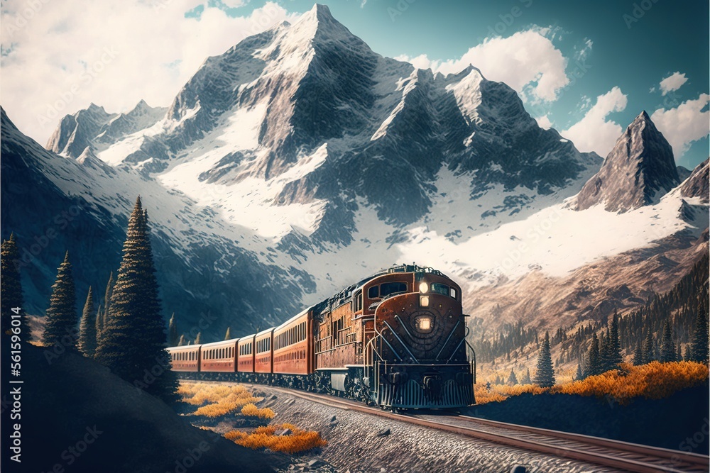 Poster a train traveling through a mountainous countryside with mountains in the background and trees on th