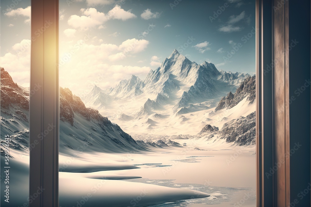 Poster a window view of a snowy mountain range with a sun shining through it and a snow covered mountain ra