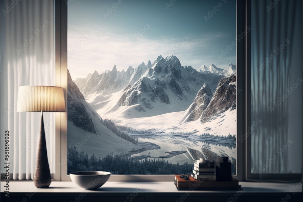 Poster a window with a view of a snowy mountain range and a bowl of fruit on a table next to a lamp and a b