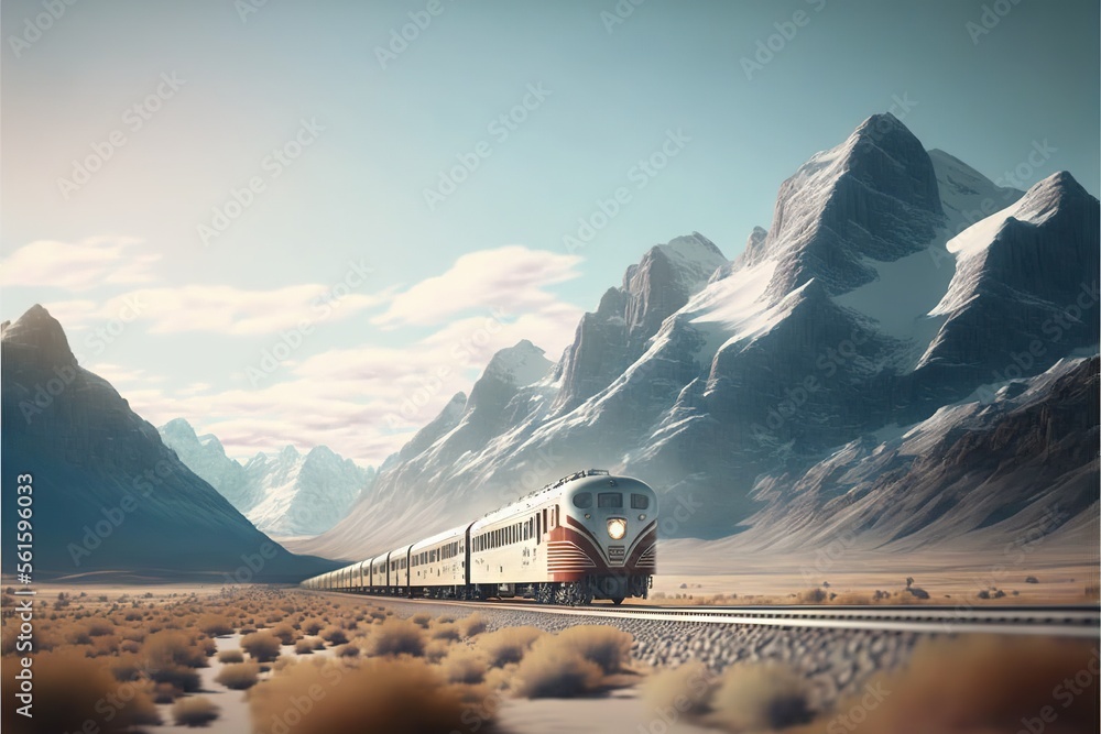 Poster a train traveling through a mountainous area with mountains in the background and a stream of water 