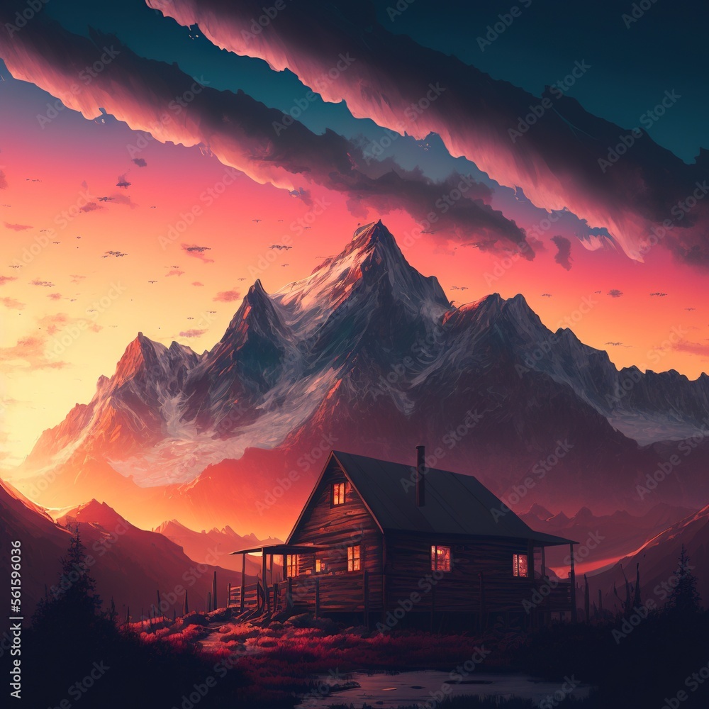 Aufkleber a cabin in the mountains with a sunset in the background and a mountain range in the foreground with