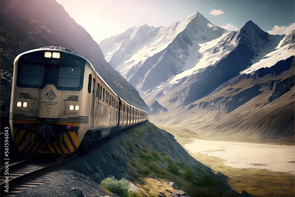 Poster a train traveling through a mountainous area with mountains in the background and a river running th