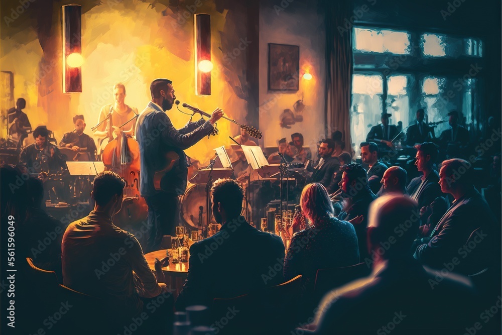Poster a man playing a musical instrument in front of a crowd of people in a room with a piano and orchestr