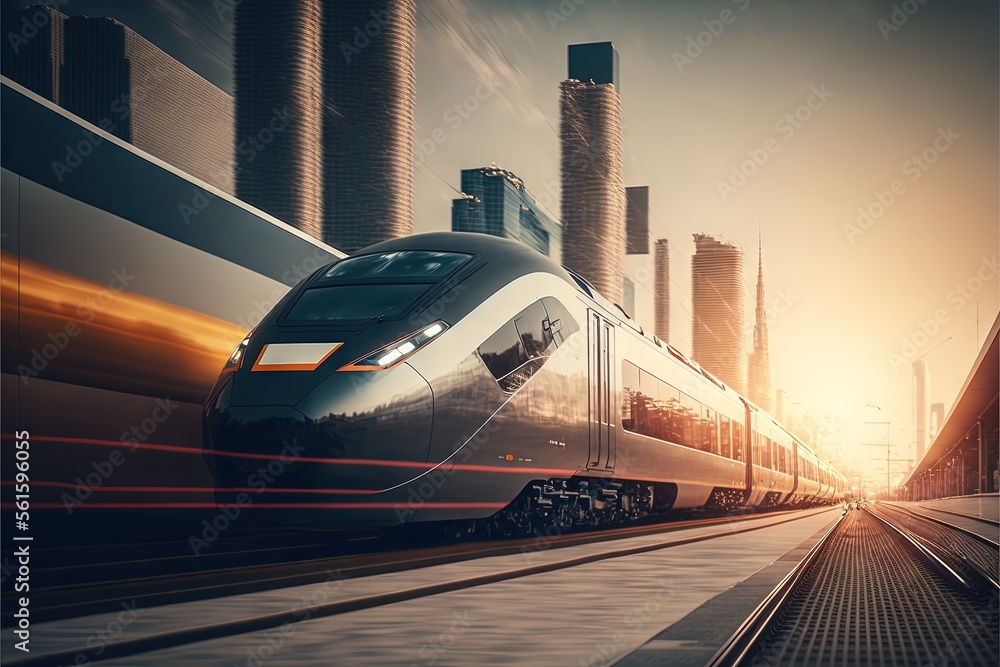 Poster a train traveling through a city at sunset with tall buildings in the background and a train passing