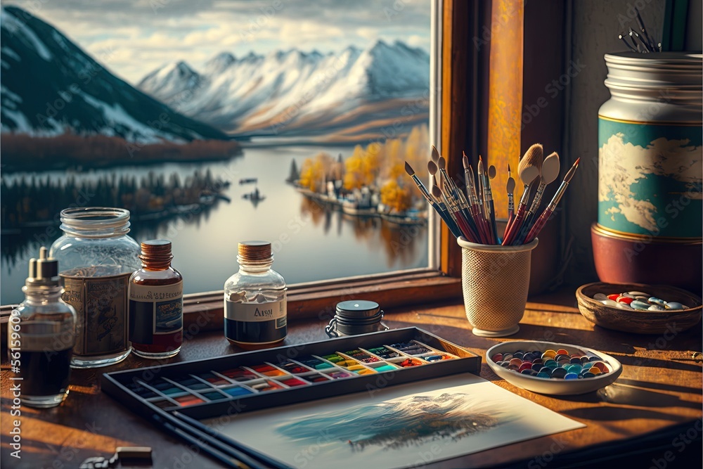 Aufkleber a painting of a mountain lake and a lake with a mountain in the background and a painting of a lake 