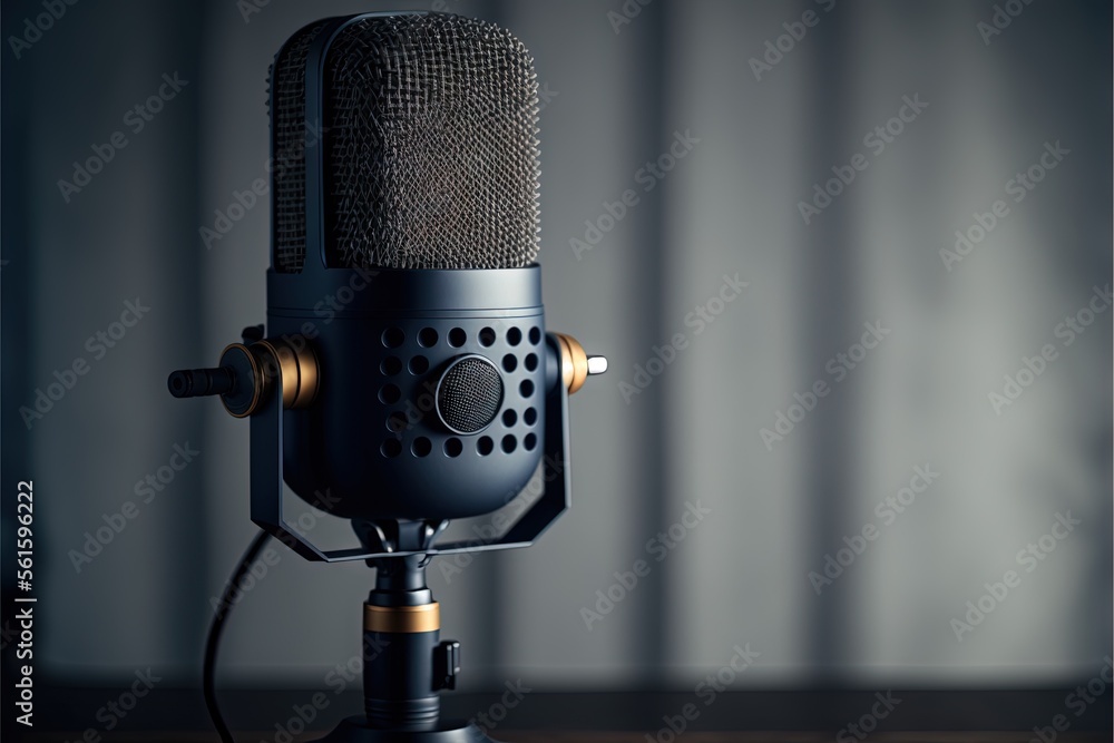 Poster a microphone with a black top and a gold handle on a wooden table with a curtain in the background a