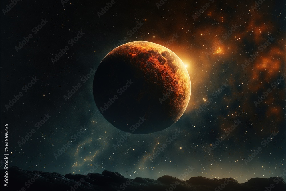 Poster a red planet in the sky with a bright star in the background and a distant star in the foreground, w
