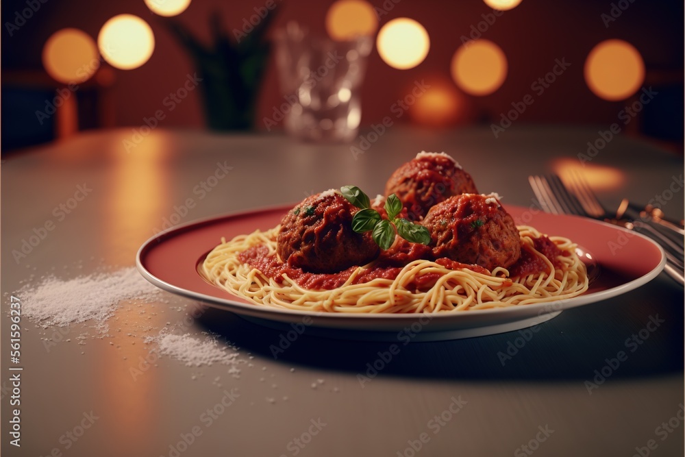 Poster a plate of spaghetti with meatballs and parsley on a table with a glass of wine in the background an