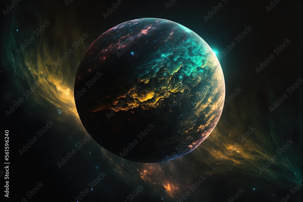 Poster a colorful planet with a star in the background and a black background with a blue and yellow star i