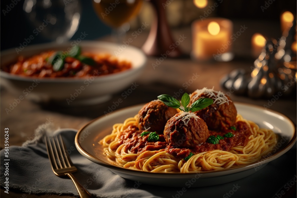 Poster a plate of spaghetti with meatballs and sauce on it with a fork and a glass of wine in the backgroun