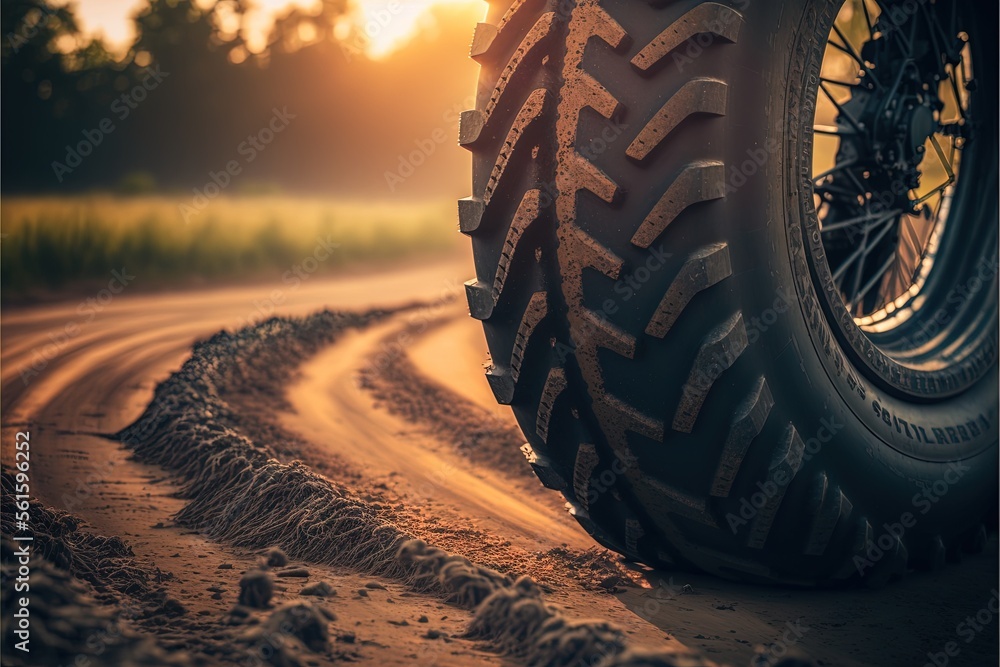 Poster a tire on a dirt road with the sun setting in the background and a field in the foreground with tree