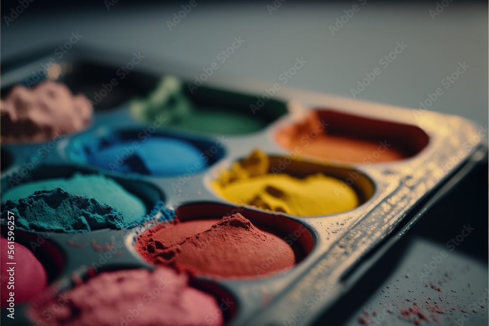 Poster a tray of colorful powders with a spoon in it and a spoon in the middle of the tray with a spoon in 