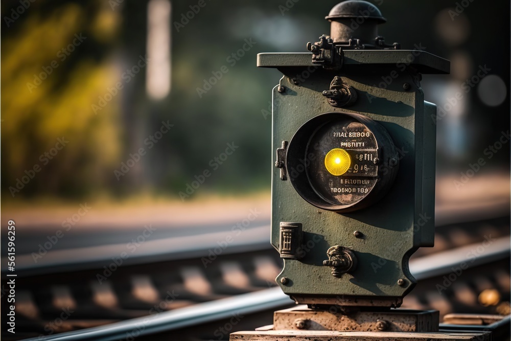 Poster a close up of a train signal on a train track with a yellow light on it's side of the signal, with a