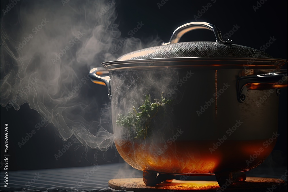 Poster a pot with steam rising from it on a table with a black background and a wooden mat with a pot on it