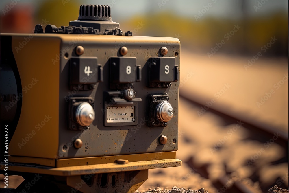 Poster a close up of a train engine on the tracks with a blurry background of the train tracks and the trai