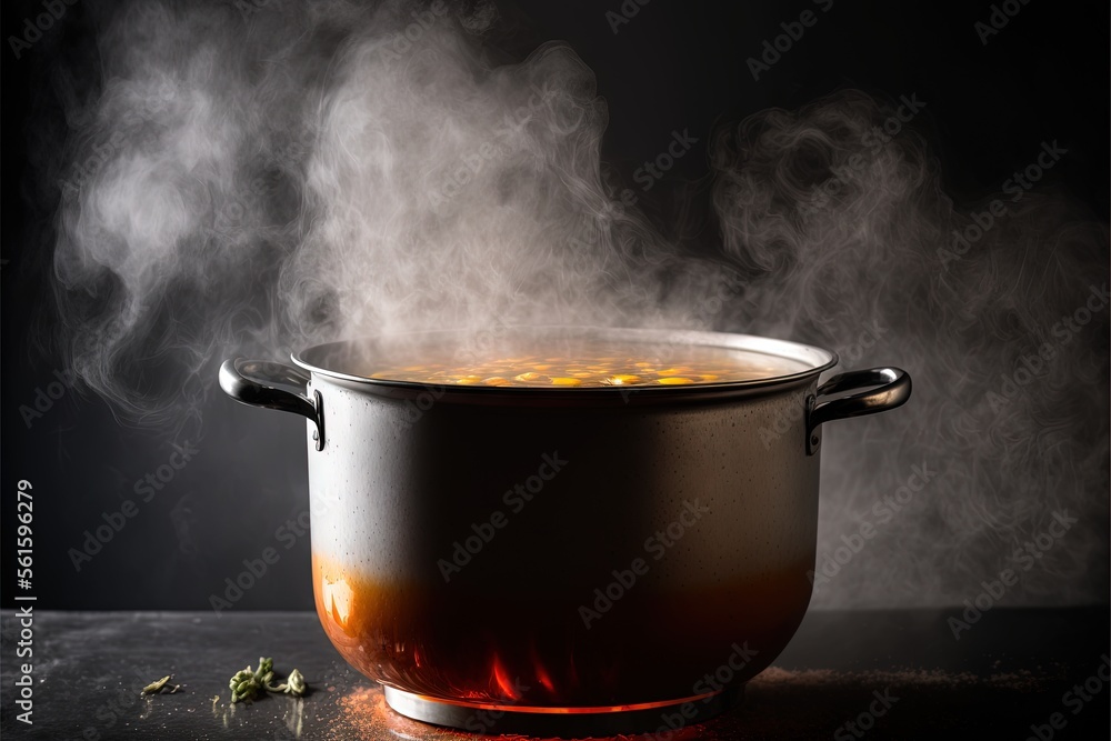 Poster a pot of soup with steam rising from it on a table with a black background and a spoon in the bowl w