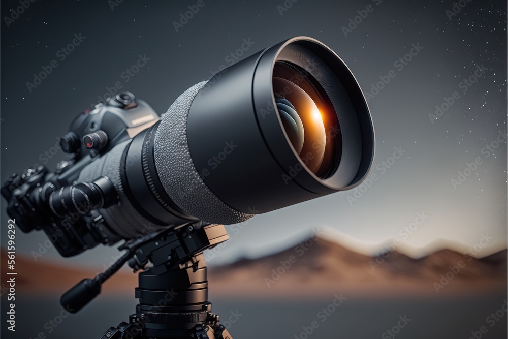 Poster a camera lens on a tripod with a mountain in the background at night time with stars in the sky abov