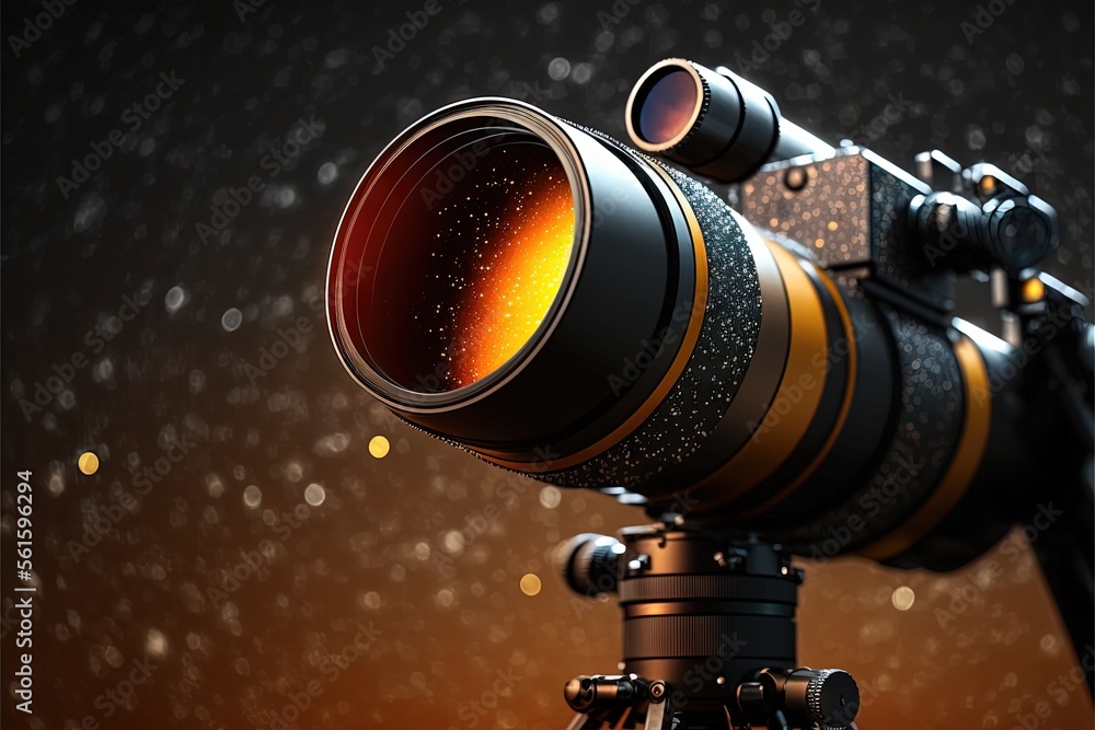 Poster a camera with a lens attached to it's tripod with a star background behind it and a blurry image of 