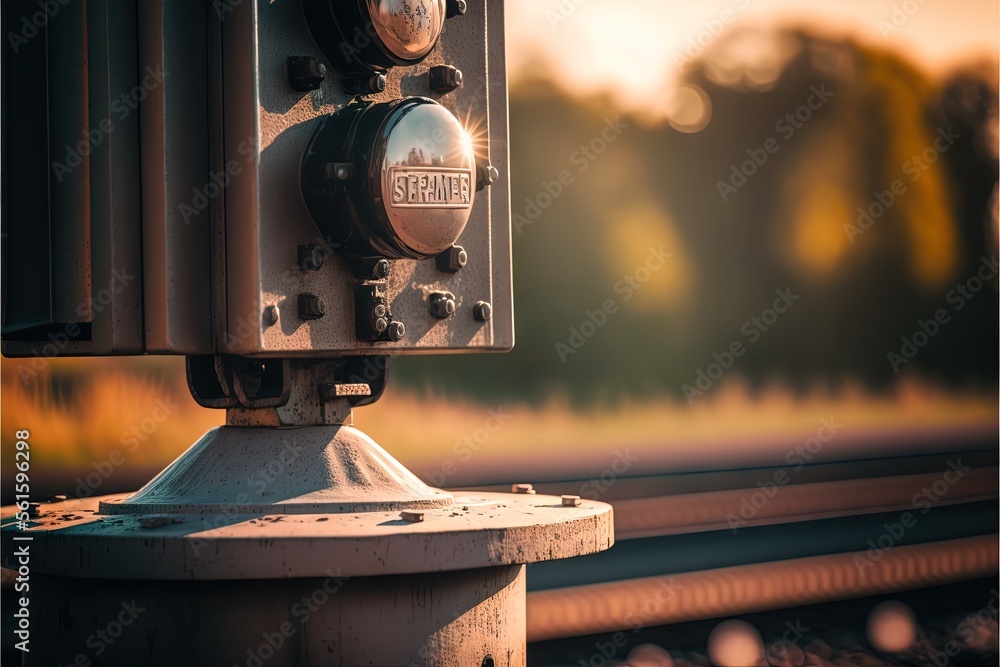 Poster a close up of a train signal on a train track with trees in the background and a sunset in the dista