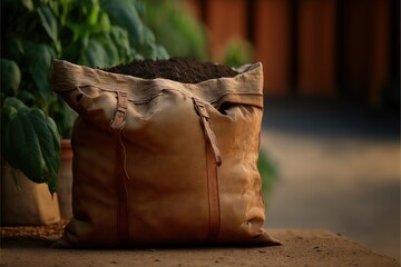  a brown bag filled with dirt sitting next to a planter filled with dirt and a potted plant in the background on a wooden table top with a wooden surface and a wooden fence. generative ai - obrazy, fototapety, plakaty