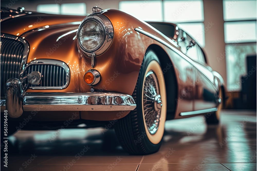 Poster a close up of a car on a tiled floor in a building with windows and a skylight in the background, wi
