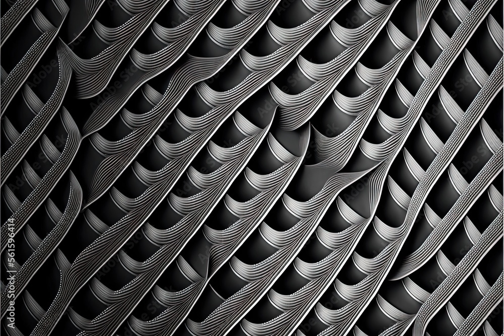 Poster a black and white photo of a pattern of wavy lines and curves on a black background with a white bor