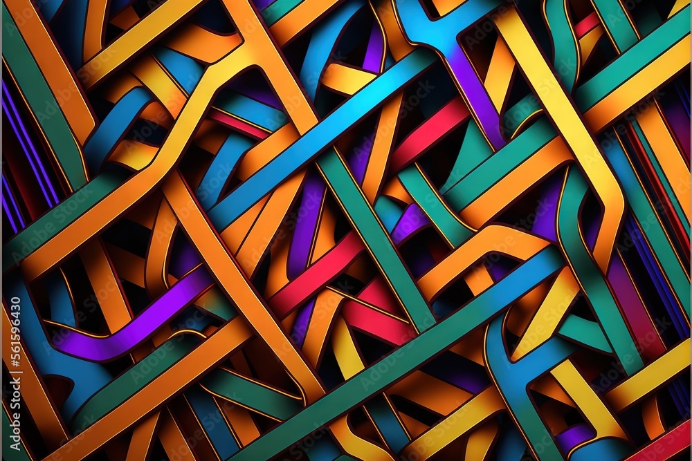 Poster a colorful abstract painting with a lot of lines and shapes in it's center and bottom corner, with a