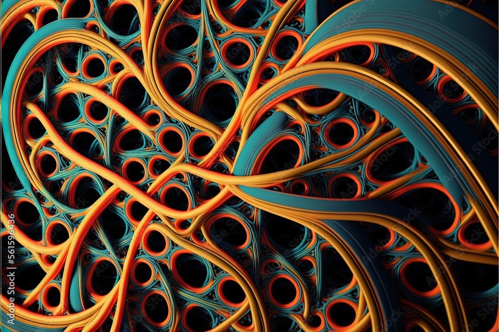 Poster a computer generated image of a bunch of orange and blue wires and tubes on a black background with 