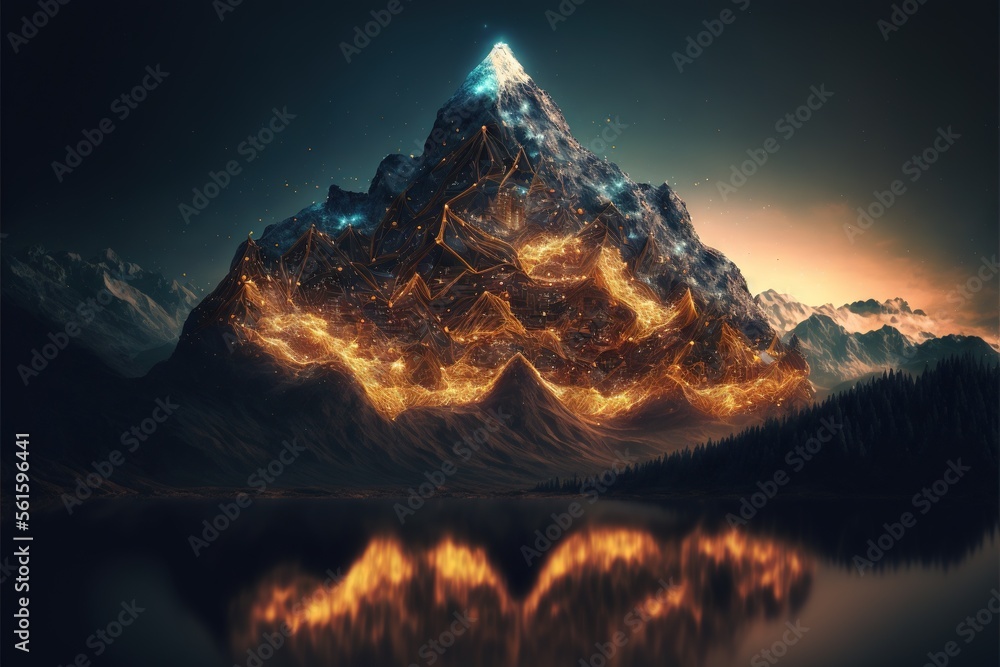 Poster a mountain with a lake below it and a sky background with a reflection of the mountain in the water 