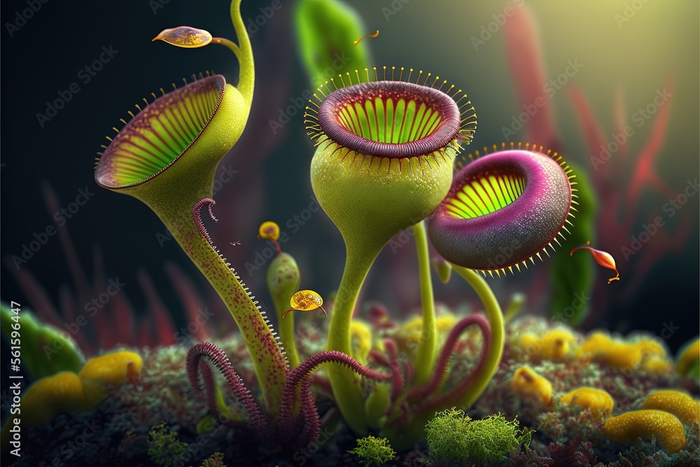 Poster a group of strange plants in a field of grass and dirt with a sun shining in the background and a bl