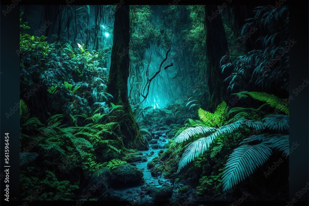 Poster a forest with a stream of water surrounded by trees and ferns with a light shining through the trees