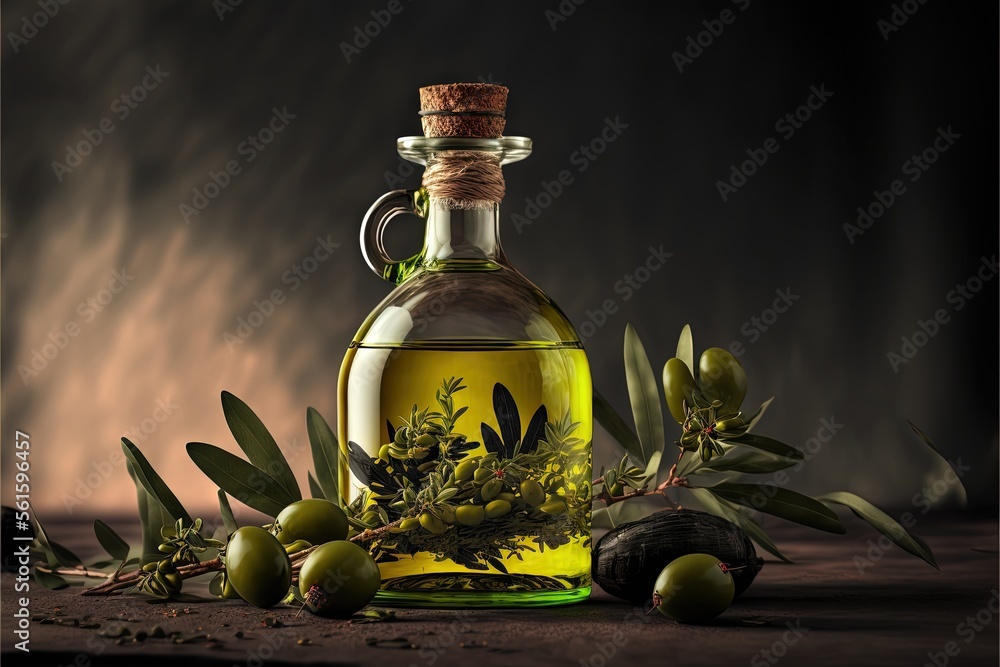 Poster a bottle of olive oil with olives and leaves on a table with a dark background and a few olives on t