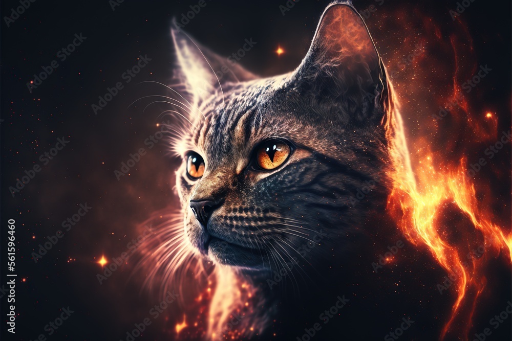 Poster a cat with yellow eyes staring at something in the distance with a fireball in the background and a 