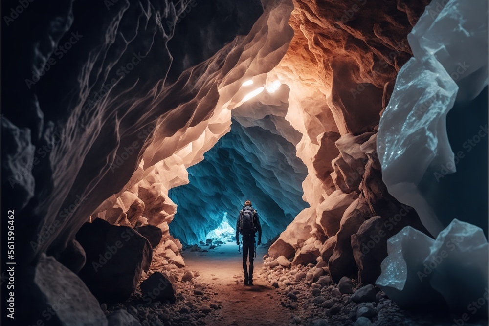 Poster a man standing in a cave with a light at the end of it and a cave entrance in the background with ic