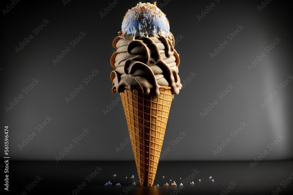 Poster a chocolate ice cream cone with a blue cone on top of it and small blue cones around it on a black s