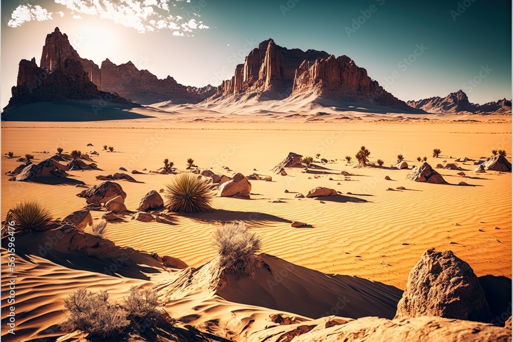 Canvas Prints  a desert with a mountain range in the background and a desert landscape with rocks and sand in the foreground and a few bushes and bushes in the foreground, and a blue sky. generative ai