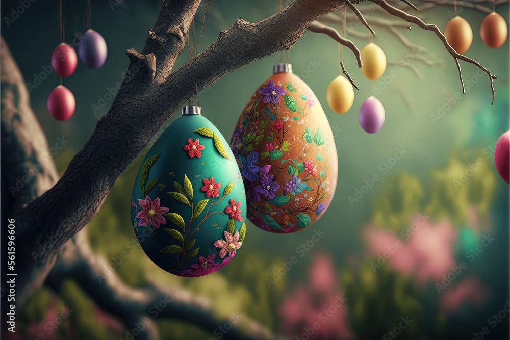 Poster two decorated eggs hanging from a tree branch with a green background and a dark sky behind them, wi