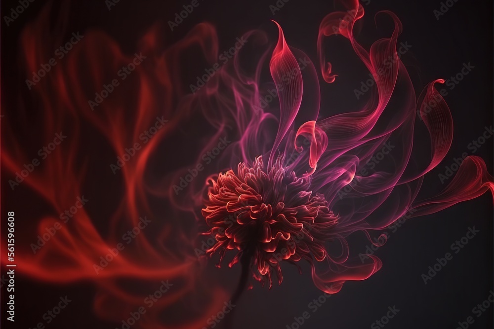 Poster a red flower with smoke coming out of it's petals on a black background with a red background and a 