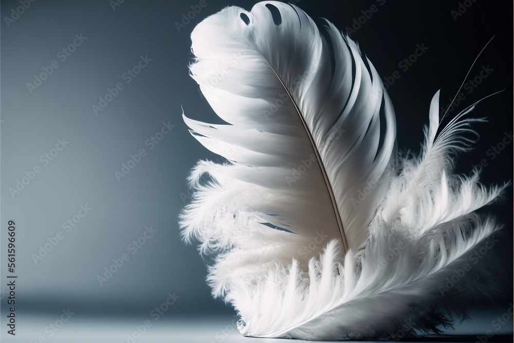 Poster a white feather is sitting on a table top with a black background and a white frame around it that h