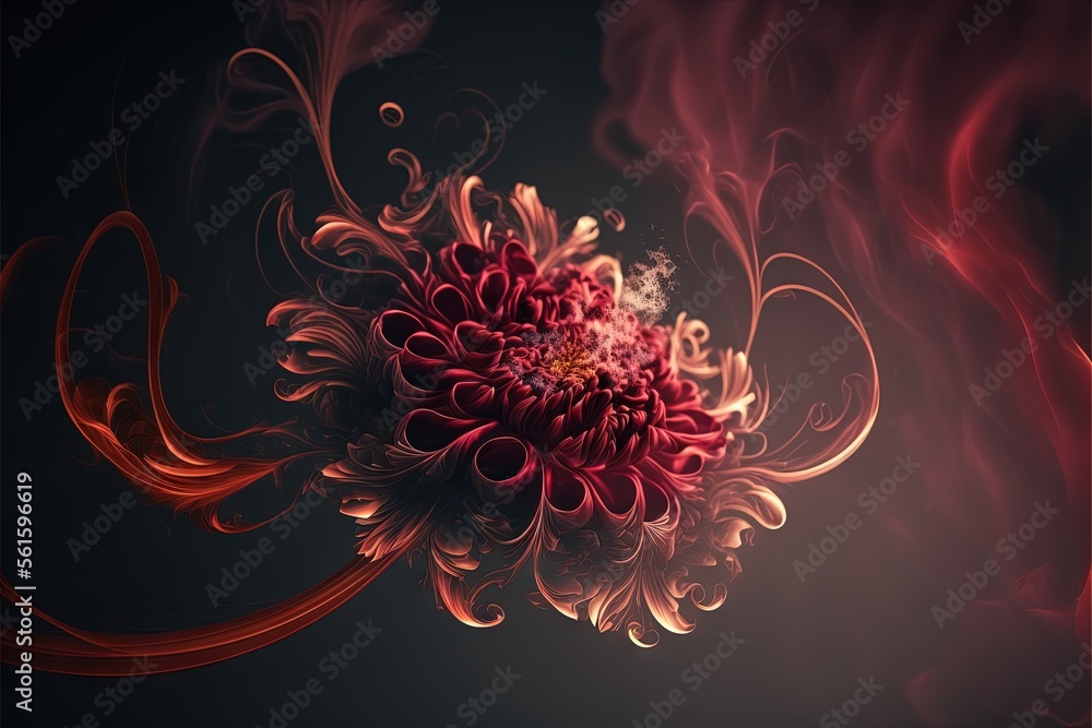 Poster a red flower with a black background and a red swirl around it's center and a black background with 