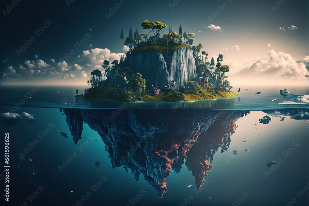 Poster a floating island with trees and bushes on it in the ocean with a blue sky and clouds above it, with