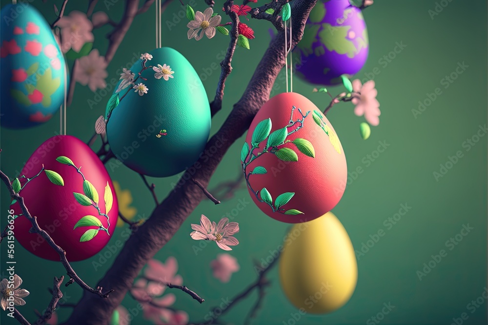Poster a tree with some colorful eggs hanging from it's branches and flowers on it's branches, with a green