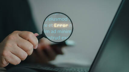 System error concept. magnifying glass to search for spam error. Concept of error in program code....