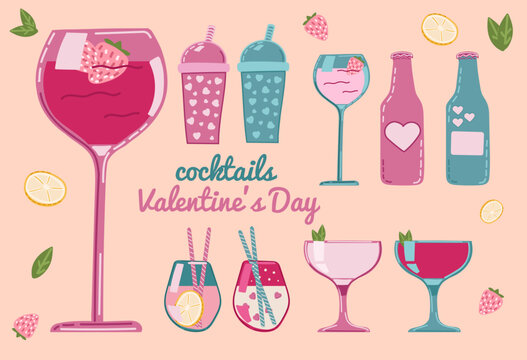 Cocktail illustrations in hand-drawn style. Colorful summer clipart set. Isolated vector holiday design with decorative elements. Juicy tasty beverages.